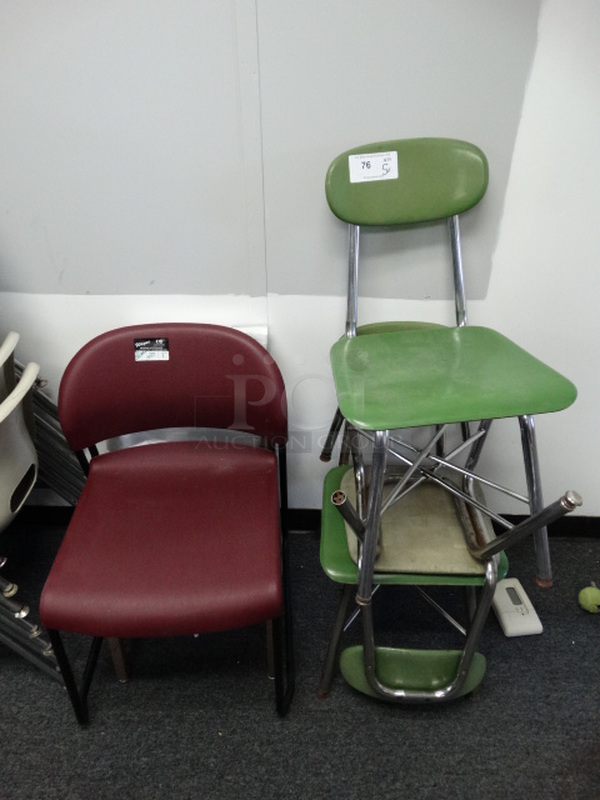 5 Various Chairs; 3 Green, 1 Maroon and Wood Pattern. Includes 16x20x30. 5 Times Your Bid! (Room 14)