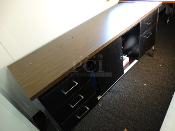 Black Metal Desk w/ Wood Pattern Desktop and 5 Drawers. 60x20x29. (Room 13)
