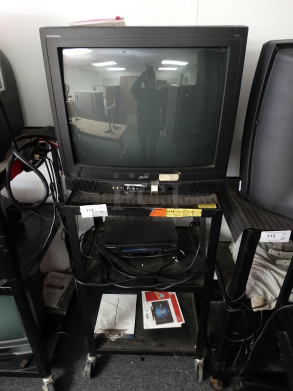 ALL ONE MONEY! Lot of Zenith Television and Panasonic VHS Player on Black Metal AV Cart on Commercial Casters! (Room 13)