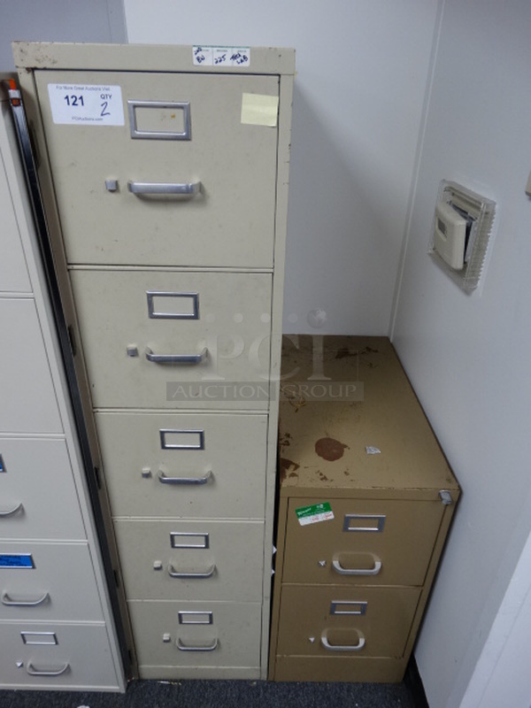 2 Metal Filing Cabinets; Tan 5 Drawer and Brown 2 Drawer. 15x26.5x60, 15x28x29. 2 Times Your Bid! (Room 13)