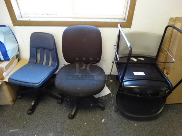 4 Various Chairs; Blue on Casters, Black on Casters and 2 on Metal Legs. Includes 20x21x31. 4 Times Your Bid! (Hallway)