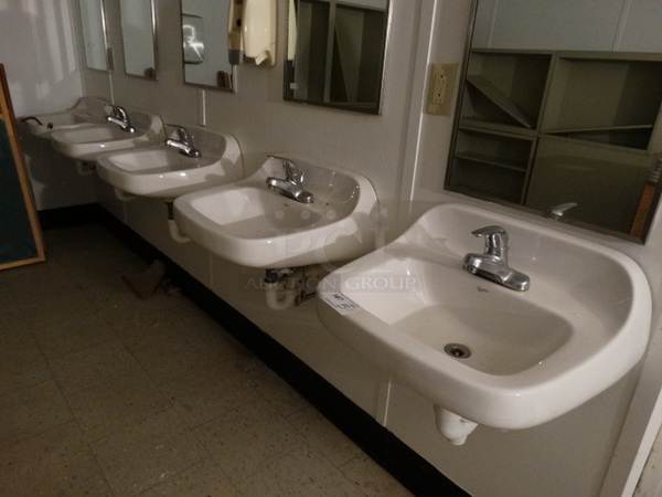 5 Wall Mount White Single Bay Sinks w/ 4 Faucets. BUYER MUST REMOVE. 22x18x12 5 Times Your Bid! (Men's Bathroom)