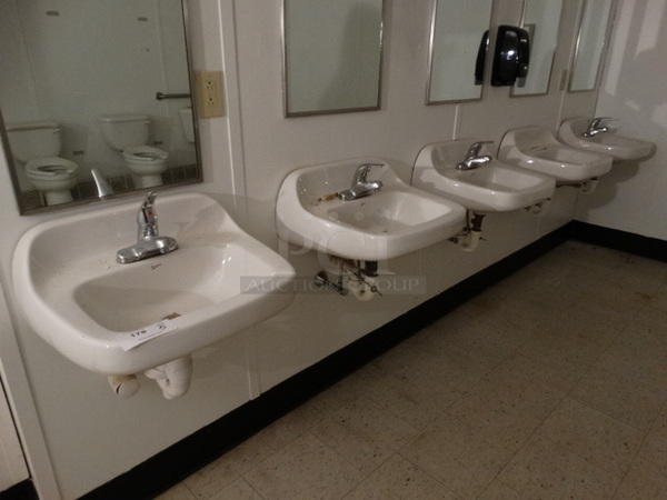5 White Wall Mount Sinks w/ 4 Faucets. BUYER MUST REMOVE. 22x18x12. 5 Times Your Bid! (Women's Bathroom)