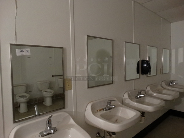 5 Wall Mount Mirrors w/ Metal Frame. BUYER MUST REMOVE. 18x1x24. 5 Times Your Bid! (Women's Bathroom)