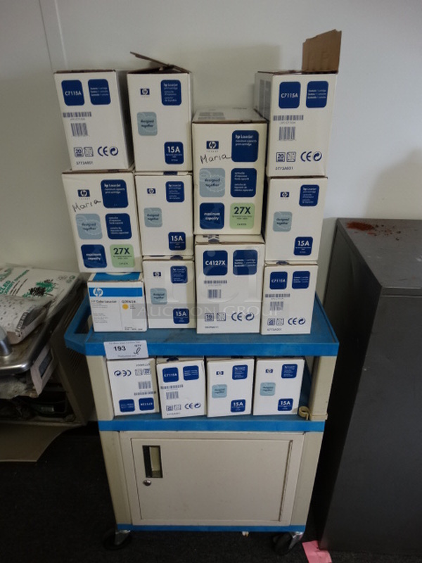 ALL ONE MONEY! Lot of Various HP Ink Cartridges on Blue and Gray Cart on Casters! Cart 18x26.5x34. (Hallway)