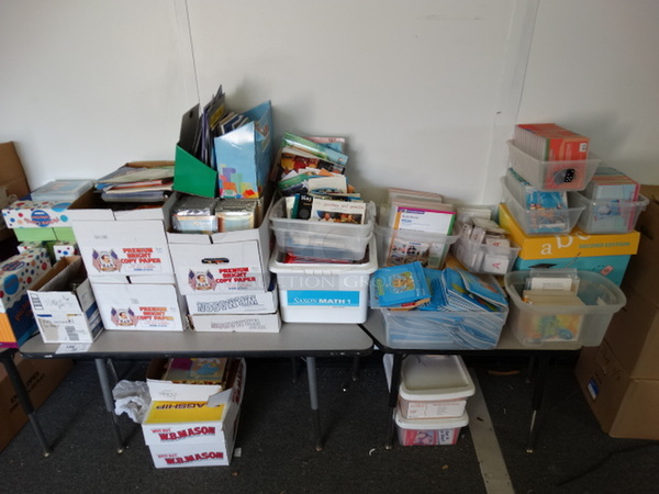 ALL ONE MONEY! Lot of Various Books on 2 Gray Tables! Tables: 47x21x23. (Hallway)