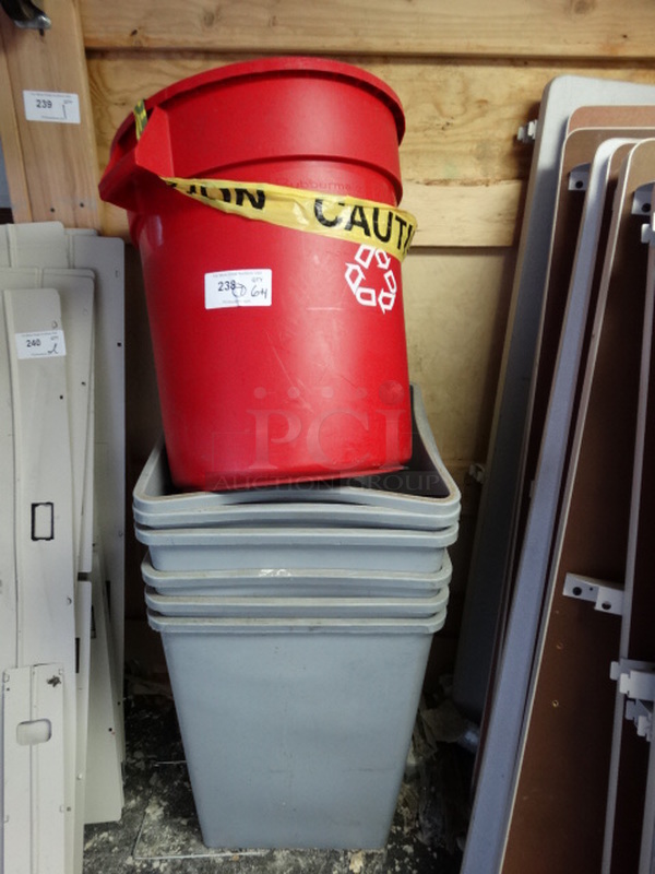 7 Various Poly Trash Cans. Includes 19x19x28. 7 Times Your Bid! (Lobby)