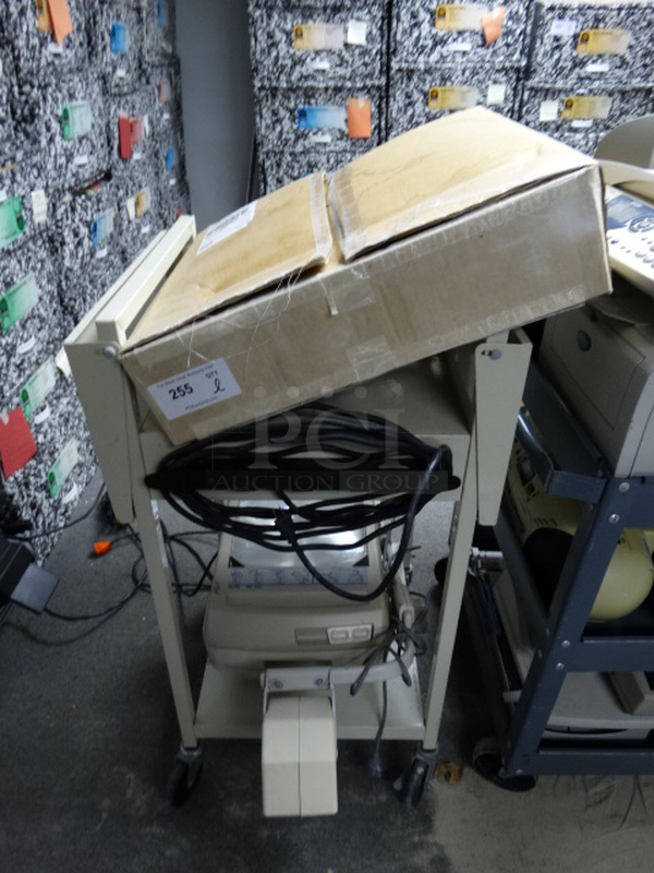 ALL ONE MONEY! Lot of Projector and Tan Metal Cart on Commercial Casters! 22x21x39. (Office/Room 10)