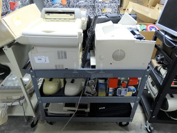 ALL ONE MONEY! Lot of Brother Printers, 2 Califone Stereos, Various Items and Gray Metal Cart on Commercial Casters. 39x24x32. (Office/Room 10)