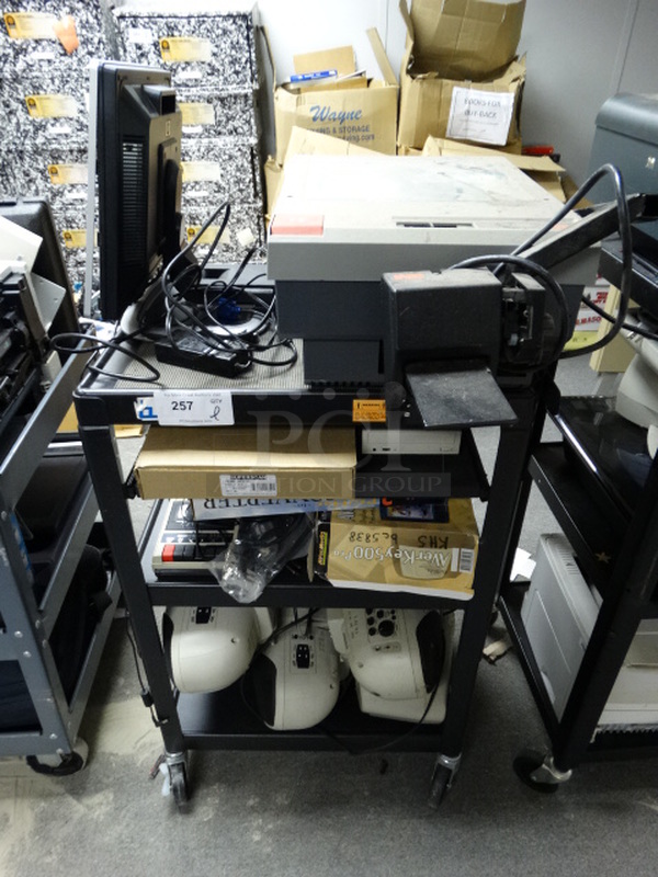 ALL ONE MONEY! Lot of Computer Monitor, Projector, 4 Califone Stereos and Black Metal Cart on Commercial Casters. 24x18x38. (Office/Room 10)