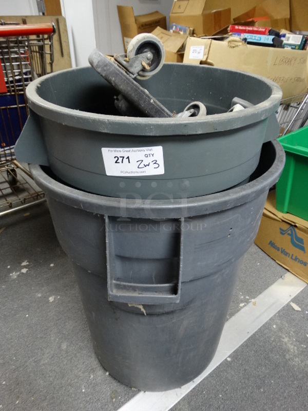 2 Gray Poly Trash Cans w/ 3 Dollies. Includes 24x22x31. 2 Times Your Bid! (Office/Room 10)