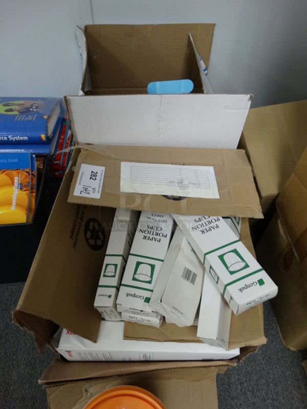 ALL ONE MONEY! Lot of 2 Boxes of Various Items Including Paper Portion Cups and Popsicle Sticks! (Office/Room 10 Back Room)