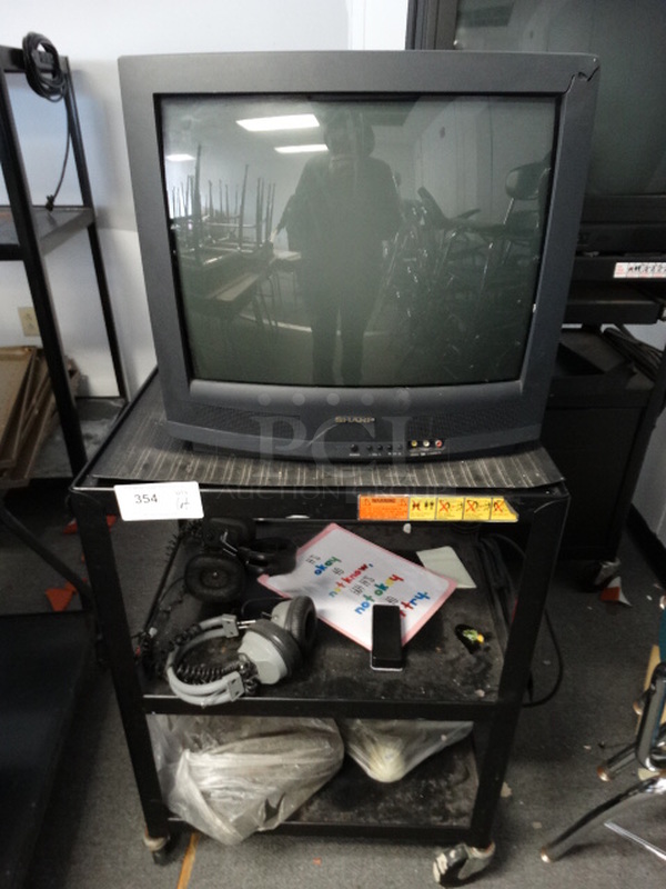ALL ONE MONEY! Lot of Sharp Television, Various Items and Black Metal AV Cart on Commercial Casters! Cart 24x18x34. (Room 16)