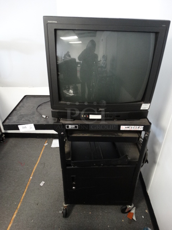 ALL ONE MONEY! Lot of Zenith Television and Black Metal AV Cart on Commercial Casters! Cart 38x19x39. (Room 16)