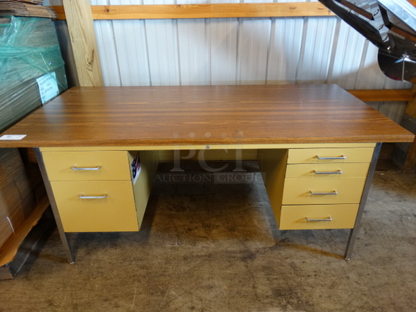 Metal Desk w/ Wood Pattern Desktop and 6 Drawers. 72x37x29