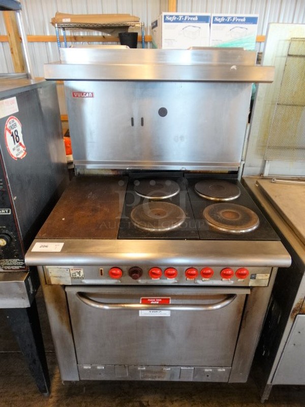 GREAT! Vulcan Hart Model E36 Stainless Steel Commercial Electric Powered w/ Flat Top, 4 Burner Hot Plate Range, Lower Oven and Metal Overshelf. 208 Volts, 3 Phase. 36x32x62