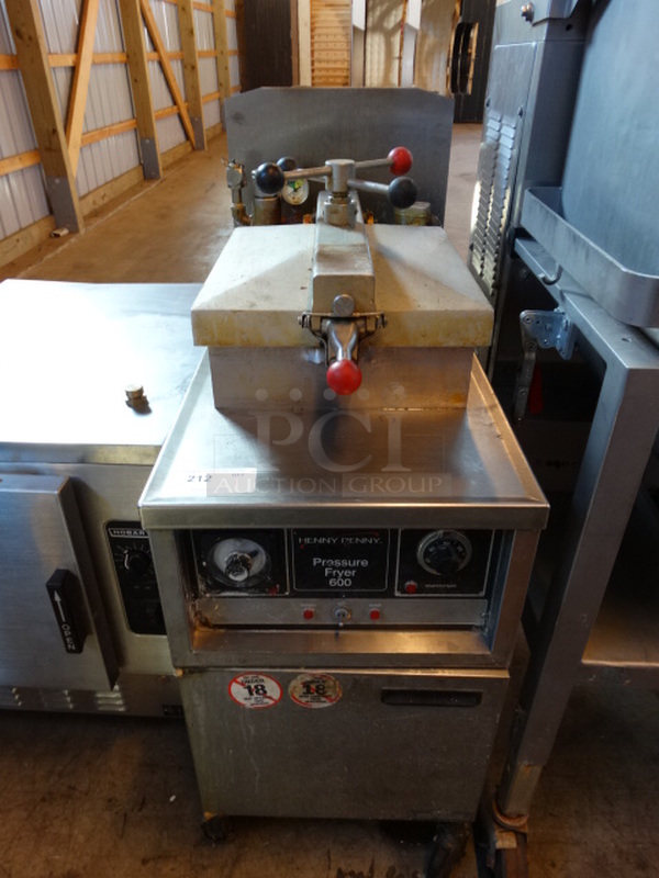 FANTASTIC! Henny Penny Model 600 Stainless Steel Commercial Natural Gas Powered Pressure Fryer w/ Metal Basket on Commercial Casters. 80,000 BTU. 18x39x48