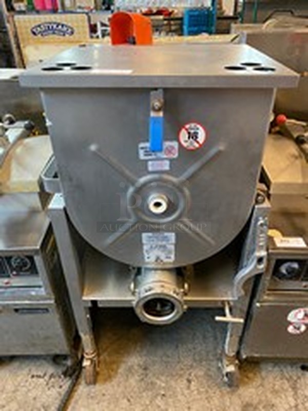 STUNNING! Hollymatic Model GMG 180A Stainless Steel Commercial Floor Style Meat Grinder Mixer w/ Pedal on Commercial Casters. 200 Volts, 3 Phase. 30x40x56