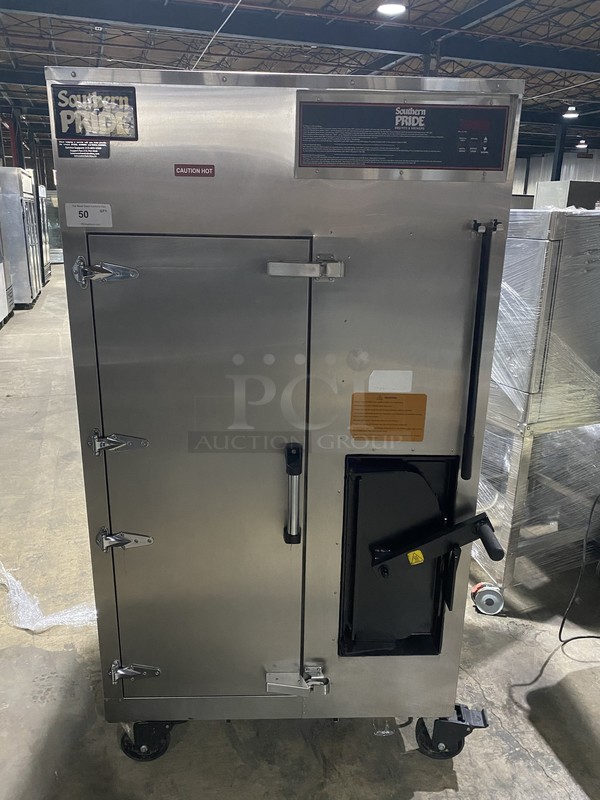 FANTASTIC! 2016 Southern Pride Natural Gas Powered Smoker! All Stainless Steel! Model SRG400 Serial G4000390! 120V 1Phase! On Commercial Casters!  Working When Removed!