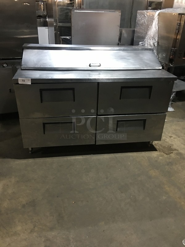 True Commercial Refrigerated Sandwich Prep Table! With 4 Drawers Underneath! All Stainless Steel! Model TSSU6016D4 Serial 7586706! On Commercial Casters!