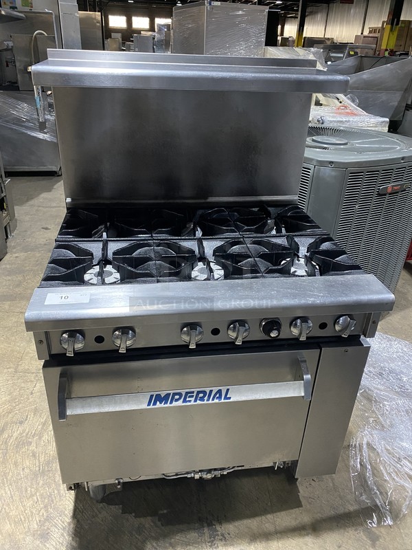 Imperial Commercial Natural Gas Powered 6 Burner Stove! With Backsplash & Overhead Salamander Shelf! With Full Size Oven Underneath! All Stainless Steel! On Legs!