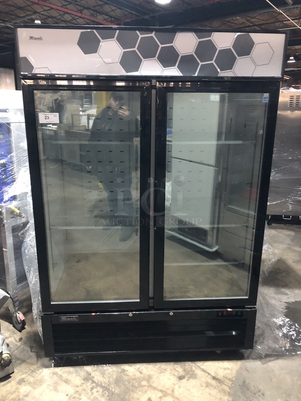 Migali Commercial 2 Door Reach In Freezer Merchandiser! With Poly Coated Racks! Model C49FMHC Serial C49FMHC00318040300920003! 115V 1Phase!