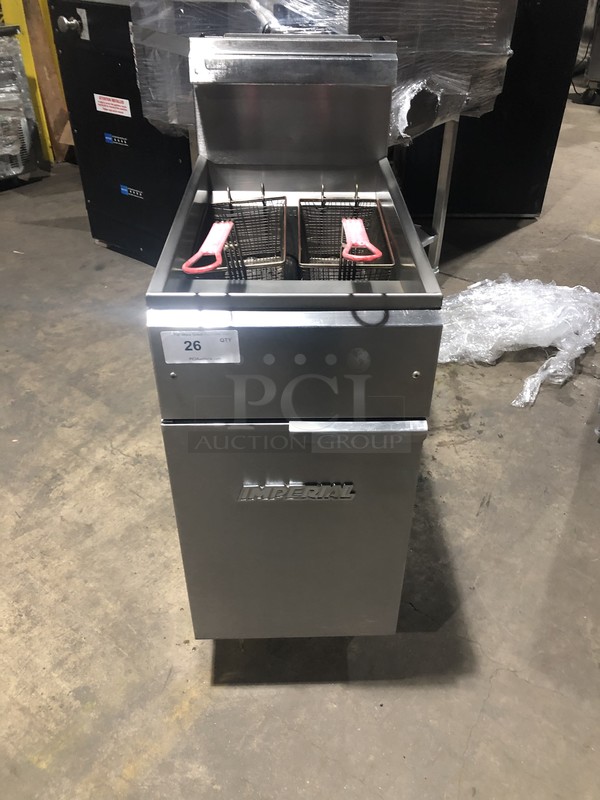 GREAT! Imperial Natural Gas Powered Deep Fat Fryer! With 2 Metal Frying Baskets! With Backsplash! All Stainless Steel! On Legs!