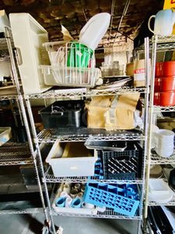 MAGIC RACK! 4 Shelves Loaded with Coffee Mugs, Drying Racks, Cambro Storage, Glasses, Printer Paper, Ice Scoopers, Fire Extinguisher, Toilet Seat Covers, Pizza Pans, High Quality Place Mats, Glasses, Barware and More, Box of American Honey Single and Double Shot Glasses!! ALL NSF, Rack Included with Lot