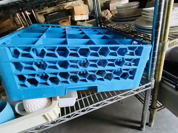 MAGIC RACK! 4 Shelves Loaded with Coffee Mugs, Drying Racks, Cambro Storage, Glasses, Printer Paper, Ice Scoopers, Fire Extinguisher, Toilet Seat Covers, Pizza Pans, High Quality Place Mats, Glasses, Barware and More, Box of American Honey Single and Double Shot Glasses!! ALL NSF, Rack Included with Lot - Image 2 of 10