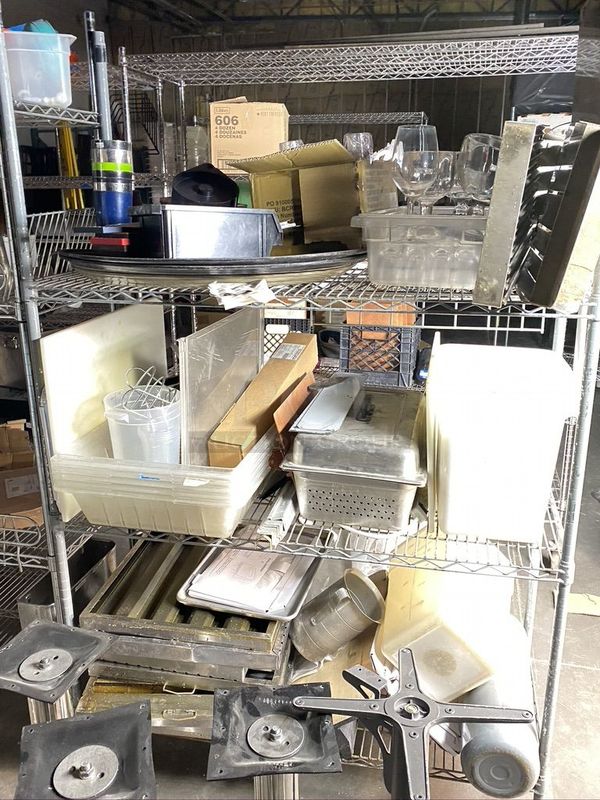 Rack Loaded with A Variety of Equipment and Small Ware. Includes, Glasses, Filters, New Pizza Spatula, Co2 Tank, Dry Goods Storage, And More!! - Image 1 of 7