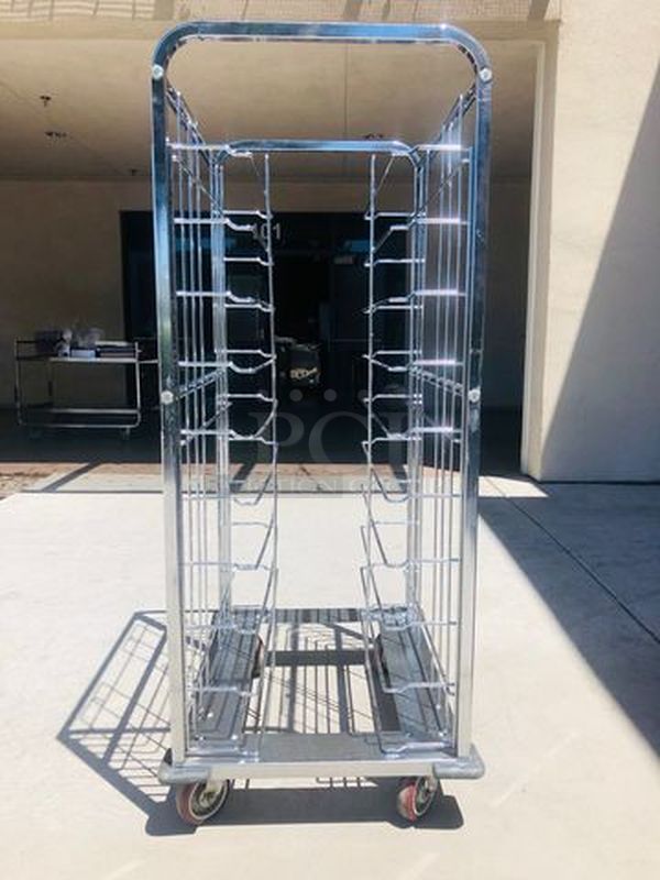 NICE!! Stainless Steel Tray Caddie on Commercial Casters. MULTI-FUNCTIONAL - Can be used for a variety functions.  23-3/4x33-1/2x63-1/2    **Trays pictured are not included, for demonstration purposes only** - Image 3 of 8