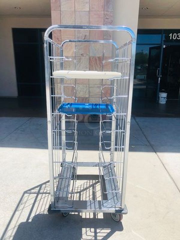 NICE!! Stainless Steel Tray Caddie on Commercial Casters. MULTI-FUNCTIONAL - Can be used for a variety functions.  23-3/4x33-1/2x63-1/2    **Trays pictured are not included, for demonstration purposes only** - Image 6 of 8