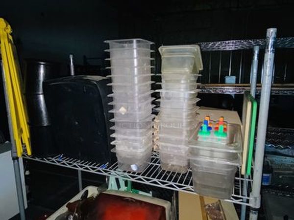 STACKED!! 3 Wide Shelves Loaded with New Libbey 6-1/2oz Wine Glasses, Hand-Free Paper Towel Dispenser, 7 New ULINE Foam Soap Dispenser, Cutlery, Caution Sign, ToGo Lids, Radiant Burner, Box of NEW NEVER USED Blue Sapphire Martini Glasses and More. NSF. Rack included. - Image 9 of 12