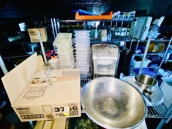 STACKED!! 3 Wide Shelves Loaded with New Libbey 6-1/2oz Wine Glasses, Hand-Free Paper Towel Dispenser, 7 New ULINE Foam Soap Dispenser, Cutlery, Caution Sign, ToGo Lids, Radiant Burner, Box of NEW NEVER USED Blue Sapphire Martini Glasses and More. NSF. Rack included. - Image 3 of 12