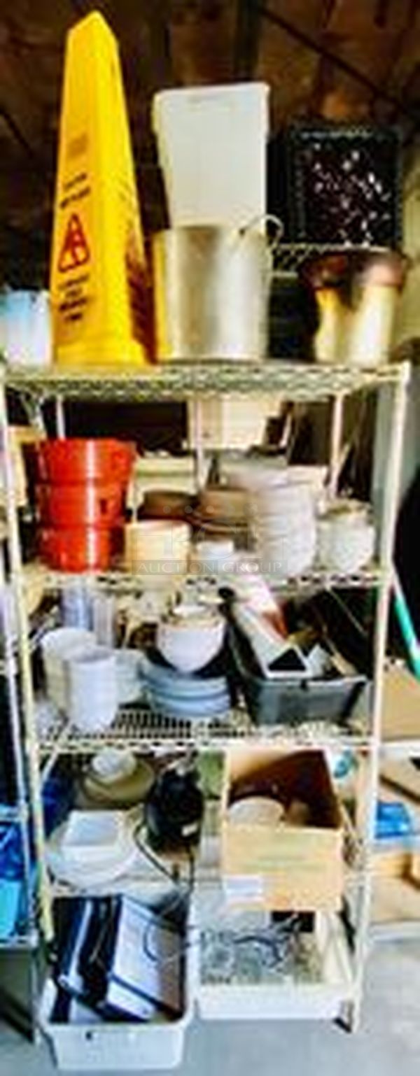 EPIC LOT! Metro Rack Filled with a WIDE VARIETY of Plates, Bowls, Containers, Wet Floor Cone, Menu Books, Dry Good Storage, Whip Cream Containers and MORE! All NSF. Metro Rack Included - Image 1 of 5