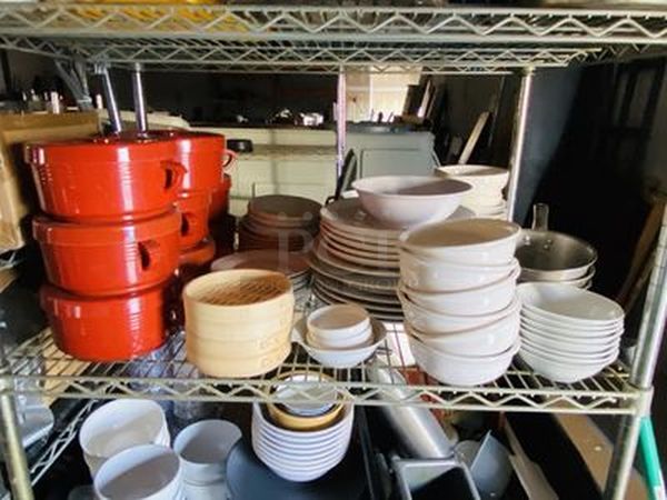 EPIC LOT! Metro Rack Filled with a WIDE VARIETY of Plates, Bowls, Containers, Wet Floor Cone, Menu Books, Dry Good Storage, Whip Cream Containers and MORE! All NSF. Metro Rack Included - Image 2 of 5