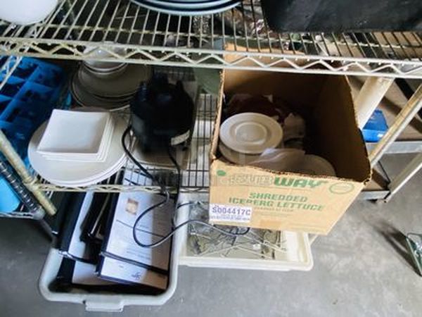 EPIC LOT! Metro Rack Filled with a WIDE VARIETY of Plates, Bowls, Containers, Wet Floor Cone, Menu Books, Dry Good Storage, Whip Cream Containers and MORE! All NSF. Metro Rack Included - Image 3 of 5