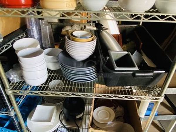 EPIC LOT! Metro Rack Filled with a WIDE VARIETY of Plates, Bowls, Containers, Wet Floor Cone, Menu Books, Dry Good Storage, Whip Cream Containers and MORE! All NSF. Metro Rack Included - Image 5 of 5
