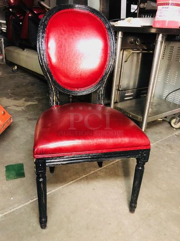 GORGEOUS! 3 Red Faux Leather Dinning Chairs, Sturdy Wood Frame, Beautiful Rose on The Back...These will go great with The Black or Red Table!!

WIDTH: 20 
DEPTH: 18 
HEIGHT: 28-1/2 