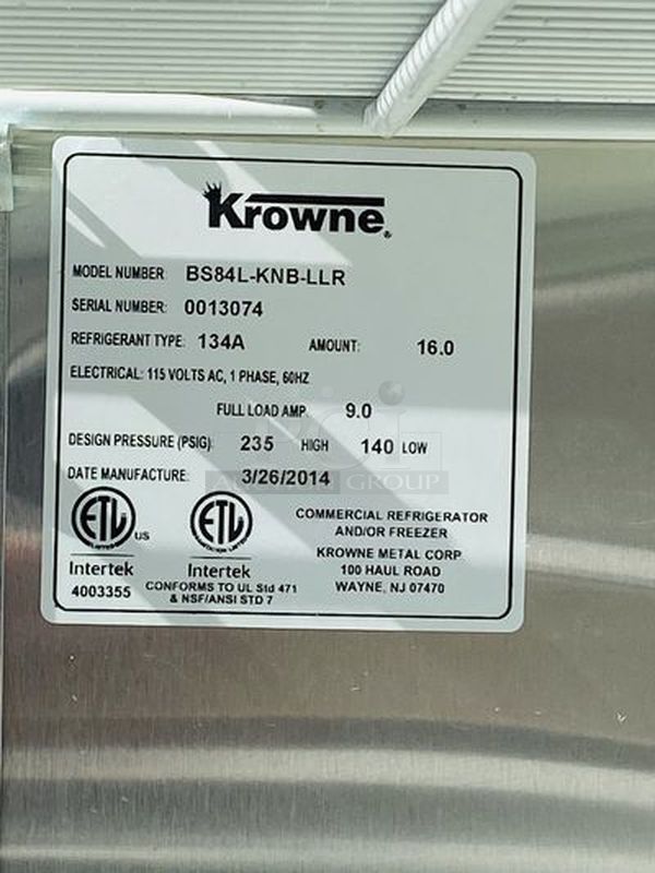 LIKE NEW! Krowne Back Bar. Model BS84L-KNB-LLR 115V, 60Hz, 1Ph, 9A. 35x84x24 Removed from the SLS. Used Briefly

35" high without top, 36" high 
24" front to back depth 
All stainless steel, coved corner interior with LED lighting Digital Thermostat Sideblow refrigeration 
High performance refrigeration system
Expansion valve with 134A refrigerant
Operating range of 30°F - 40°F (Preset at 35°F)
Heavy duty 18-gauge door jambs
NSF epoxy coated durable shelves. One bottom and two adjustable shelves per door.

*Due to EPA Regulations the Freon was removed.  - Image 9 of 9