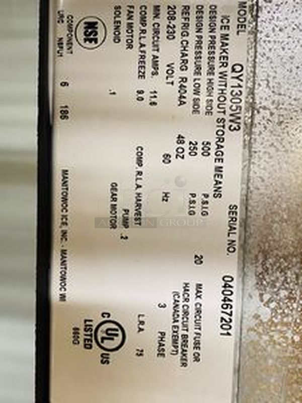 NEW! Manitowoc QY1305WS Water Cooled Ice Maker and Bin. Ice Maker Produces 1,250lbs of Half Cube Ice Per Day  220V 60Hz 3ph 48x34x72  Up to 1250 lbs. daily ice production  Stackable, double daily ice production, 2,740 lbs.  Stainless steel exterior with the fit and finish of an appliance  Rugged, corrosion-free base  Cupra-Nickel Condenser to minimize corrosion Patented cleaning and sanitizing technology  New batch water system delivers better ice cube formation  - Image 2 of 2