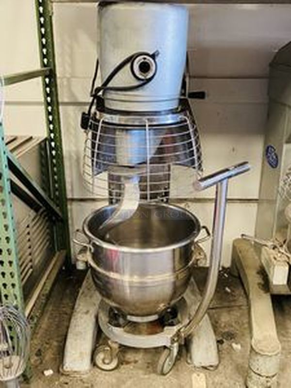 AMAZING!! Berkel Model FMS-60 60 Qt. Planetary Mixer Bowl Caddy.  with 6-speed, 3 HP (continuous duty), totally enclosed, and permanently lubricated, thermally protected motor; Includes 60 Qt. Bowl, Bowl Caddy and Dough Whip.  200-240V 50/60Hz 3/1Ph 8/15Amp  29-1/4"x36"x61" - Image 1 of 7
