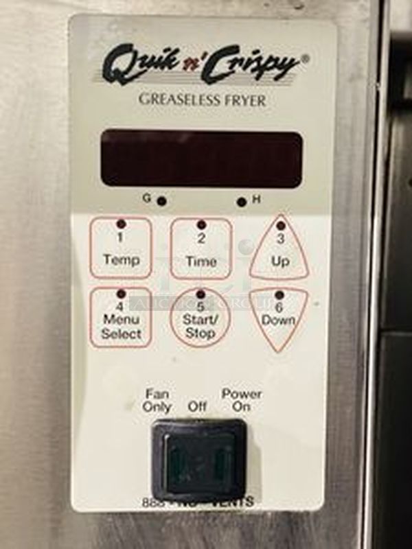 AMAZING! Quik N' Crispy GF5 Greaseless Fryer. Works Like New!   The patented Quik n’ Crispy® Model GF5 uses a combination of forced hot air, radiant heat, and an elevated perforated cooking basket to prepare ovenable frozen foods to the taste and texture as if they were deep-fat fried.   Dimensions: 23-1/2" W x 20" D x 13-1/2" H 208V (29 amp) / 60Hz/ 1 Phase Plug Type: NEMA #6-30R Weight: 175 lbs  Can Stack multiple to save space and increase productivity. Works Like New. - Image 2 of 10