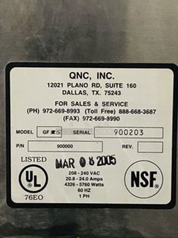 AMAZING! Quik N' Crispy GF5 Greaseless Fryer. Works Like New!   The patented Quik n’ Crispy® Model GF5 uses a combination of forced hot air, radiant heat, and an elevated perforated cooking basket to prepare ovenable frozen foods to the taste and texture as if they were deep-fat fried.   Dimensions: 23-1/2" W x 20" D x 13-1/2" H 208V (29 amp) / 60Hz/ 1 Phase Plug Type: NEMA #6-30R Weight: 175 lbs  Can Stack multiple to save space and increase productivity. Works Like New. - Image 7 of 10