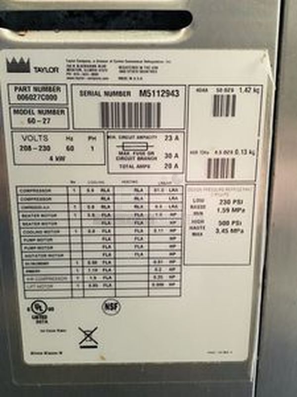 Taylor Model 60-27 Air Cooled Shake Freezer With Four Flavor Options. 208-230V/60Hz/1Ph Air Cooled - 18-7/16x32x59-7/8  Features  Offer four separate shake flavors: chocolate, strawberry, vanilla (unflavored shake mix) and an optional flavor.  Freezing Cylinder: One, 7 quart (6.6 liter).  Mix Hopper: One, 20 quart (18.9 liter). Separate hopper refrigeration (SHR) maintains mix below 41oF (5oC).  Indicator Lights: Add Mix light alerts the operator to add mix. When the Mix Out light flashes, the unit automatically shuts down to prevent damage.  Accurate Consistency Control: Torque control precisely maintains superior shake quality in texture, viscosity and taste.  Shake Syrup System: Shake flavors are selected from push buttons. Self-contained air compressor delivers shake syrup from three, 1 gallon (3.8 liter) syrup tanks located in the lower front compartment.  Automatic Dispensing: Press the desired flavor button, and either raise the draw handle or use the foot pedal for hands free d - Image 6 of 10