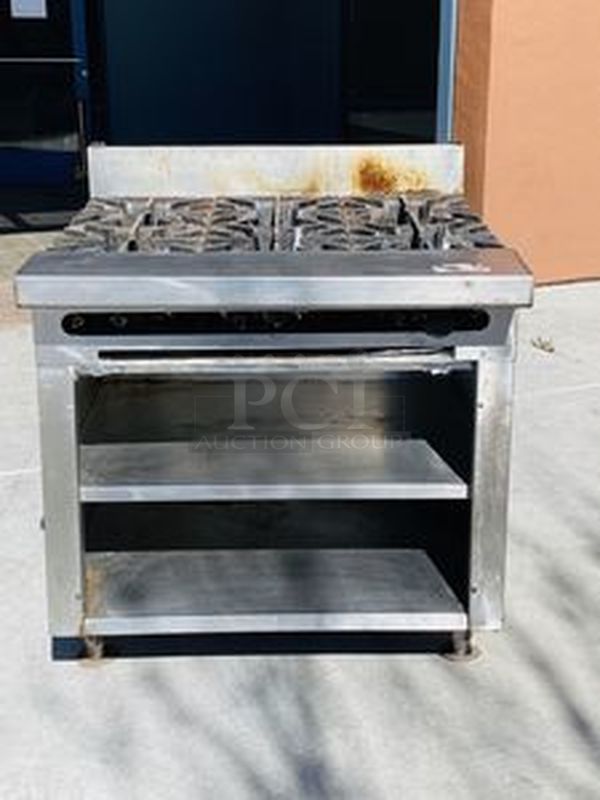 SWEET! Wolf FB363 6 Burner Range with 2 Shelf Cabinet Base. 30,000 BTU per Burner.  - Image 1 of 6