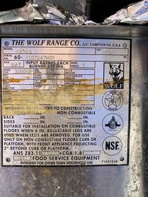 SWEET! Wolf FB363 6 Burner Range with 2 Shelf Cabinet Base. 30,000 BTU per Burner.  - Image 4 of 6