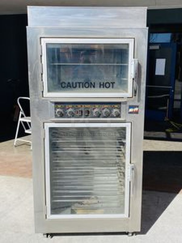 NICE! NU-VU SUB-123 Commercial Proofer Oven Combo 208v 3Ph Double Decker Bread Baking Center On Commercial Casters. Lighted Interior; Holds (3) Racks for Oven & (9) Racks for Proofer; (10) RACKS INCLUDED; 3″ HEAVY DUTY LOCK-ABLE CASTERS. 208V, Phase 1+N, 30Amps, 60Hz**HARD WIRE ELECTRICAL  INSTALL REQUIRED. Working When Removed. 
 77″H x 36-1/8″W x 28½”D - Image 1 of 9