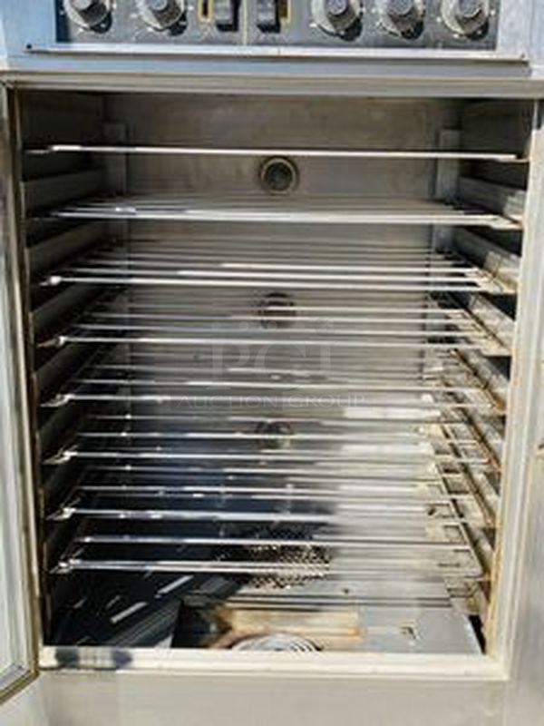 NICE! NU-VU SUB-123 Commercial Proofer Oven Combo 208v 3Ph Double Decker Bread Baking Center On Commercial Casters. Lighted Interior; Holds (3) Racks for Oven & (9) Racks for Proofer; (10) RACKS INCLUDED; 3″ HEAVY DUTY LOCK-ABLE CASTERS. 208V, Phase 1+N, 30Amps, 60Hz**HARD WIRE ELECTRICAL  INSTALL REQUIRED. Working When Removed. 
 77″H x 36-1/8″W x 28½”D - Image 4 of 9