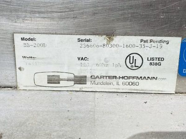 NICE! Carter-Hoffmann BB200D Heated Banquet Cart - (200) Plate Capacity, Stainless, 120v **INCLUDES A FEW BONUS ITEMS** Dimensions & Utilities Shelves: 531⁄4 in. L x 22 in. W Overall: 611⁄2 in. W x 301⁄2 in. D x 711⁄2 in. H 13.7 A, 1,650 W 120 V/60 Hz/1 ph, 10-ft. cord with NEMA 5-15P plug - Image 3 of 10